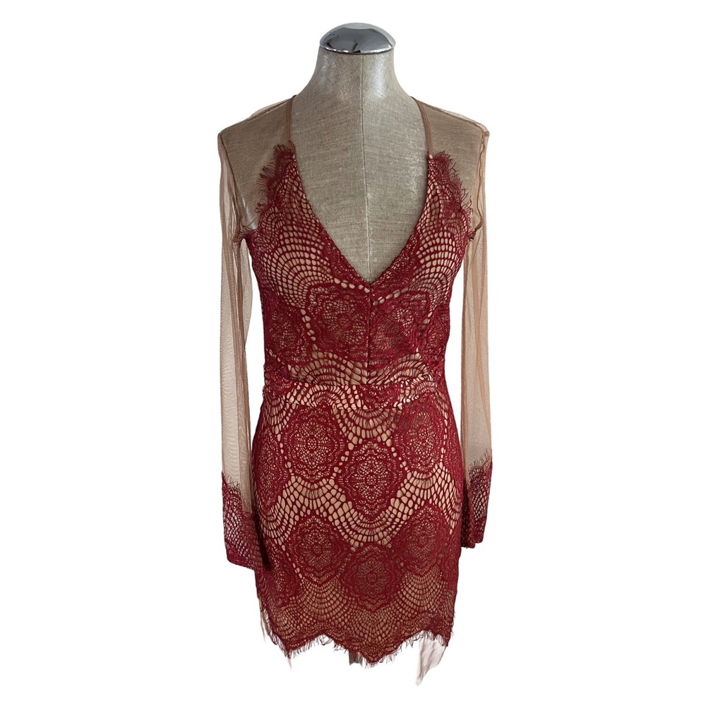 Luxxel Burgundy Medallion Lace Nude Mesh Long Sleeve Mini Dress Size M